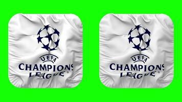 Unión de europeo fútbol americano asociaciones, uefa bandera en escudero forma aislado con llanura y bache textura, 3d representación, verde pantalla, alfa mate video