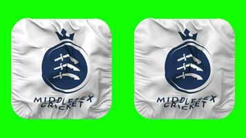 middlesex criquet, middlesex comté criquet club drapeau dans écuyer forme isolé avec plaine et bosse texture, 3d le rendu, vert filtrer, alpha mat video