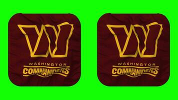 Washington comandantes bandera en escudero forma aislado con llanura y bache textura, 3d representación, verde pantalla, alfa mate video