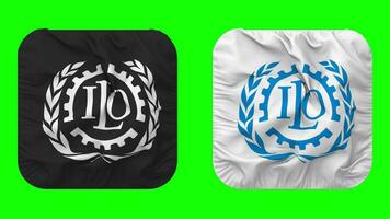 international la main d'oeuvre organisation, oit drapeau dans écuyer forme isolé avec plaine et bosse texture, 3d le rendu, vert filtrer, alpha mat video