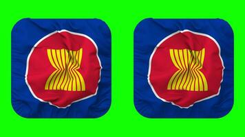 asociación de Sureste asiático naciones, asean bandera en escudero forma aislado con llanura y bache textura, 3d representación, verde pantalla, alfa mate video