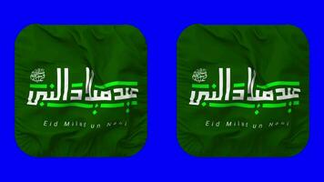 Mawlid ett nabi aska Sharif, eid milad fn nabi pbuh flagga i väpnare form isolerat med enkel och stöta textur, 3d tolkning, grön skärm, alfa matt video