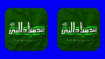 Mawlid ein Nabi Asche Scharif, eid Milad un Nabi pbuh Flagge im Knappe gestalten isoliert mit einfach und stoßen Textur, 3d Wiedergabe, Grün Bildschirm, Alpha matt video