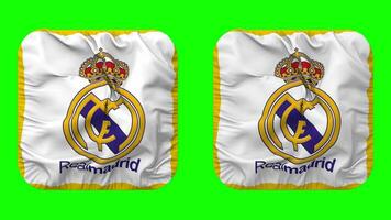 real Madrid club Delaware fútbol, real Madrid cf bandera en escudero forma aislado con llanura y bache textura, 3d representación, verde pantalla, alfa mate video