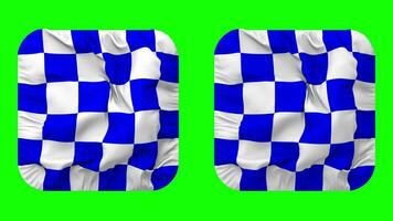 courses bleu et blanc à carreaux drapeau dans écuyer forme isolé avec plaine et bosse texture, 3d le rendu, vert filtrer, alpha mat video