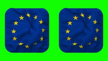 europäisch Union, EU Flagge im Knappe gestalten isoliert mit einfach und stoßen Textur, 3d Wiedergabe, Grün Bildschirm, Alpha matt video