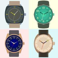 Set of four watches. Clock face with hour, minute and second hands. Vector illustration.