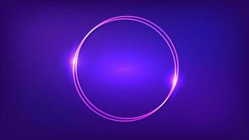 Neon double round frame with shining effects on dark background. Empty glowing techno backdrop. Vector illustration.