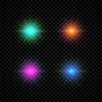 Light effect of lens flares. Set of four green, orange, purple and blue glowing lights starburst effects with sparkles on a dark vector