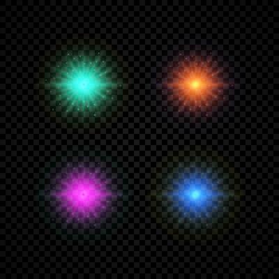 Light effect of lens flares. Set of four green, orange, purple and blue glowing lights starburst effects with sparkles on a dark