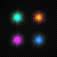 Light effect of lens flares. Set of four green, orange, purple and blue glowing lights starburst effects with sparkles on a dark vector