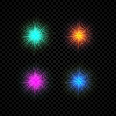 Light effect of lens flares. Set of four green, orange, purple and blue glowing lights starburst effects with sparkles on a dark