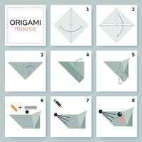 Mouse origami scheme tutorial moving model. Origami for kids. Step by step how to make a cute origami mouse. Vector illustration.