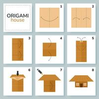 Small House origami scheme tutorial moving model. Origami for kids. Step by step how to make a cute origami house. Vector illustration.