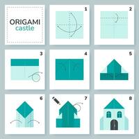 House origami scheme tutorial moving model. Origami for kids. Step by step how to make a cute origami house. Vector illustration.