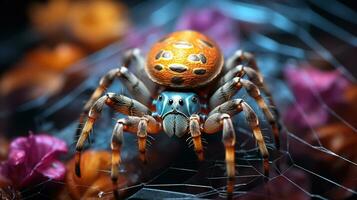 de araña web iluminado por un mosaico de colores en el antecedentes. generativo ai foto