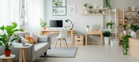 Functional Simplicity. White Interior with Grey Sofa, Wooden Details, and Study Corner photo