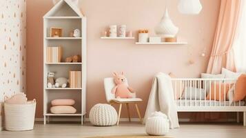 Plush Toys and Decor Adorn White Bookcase in Cozy Nursery photo