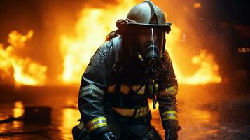 Unrecognizable male in firefighter uniform suppressing fire. Generative AI photo
