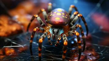 Spider in the center of its web on a colorful blurred background. Generative AI photo