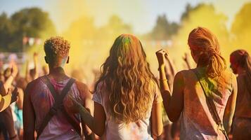 Hues of Happiness, A Vibrant Portrait of Friends Embracing the Holi Festival photo