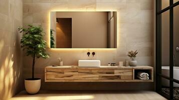 Luminous Timber Luxe, LED-Mirrored Wood Bathroom with Beige Stone Sink Ambiance photo