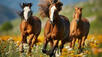 floral elegancia en movimiento caballos corriendo salvaje en prado foto