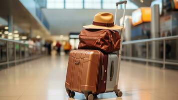 Traveler's Trolley with Suitcases and Hat in Airport Terminal photo