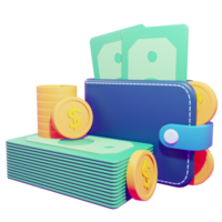 3d rendering of wallet and money with transparent background png