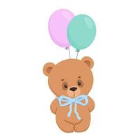 Teddy bear with bow and balloons. Vector cartoon illustration isolated on white background