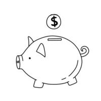 Cartoon piggy bank with falling coin. Hand drawn doodle vector illustration isolated on white background. Black and white sketch.