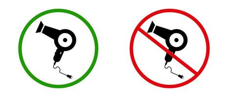 Prohibited and permitted icon set for use of hair dryer. Hair dryer malfunction. Vector. vector