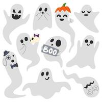 Halloween ghost personages with emotions and facial expressions. Spooky and funny spirits. October holiday creepy traditional creatures. Various phantom character hand drawn flat vector illustration