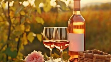 Harvest time. Two glasses and bottle of the rose wine in autumn vineyard. Generative AI photo