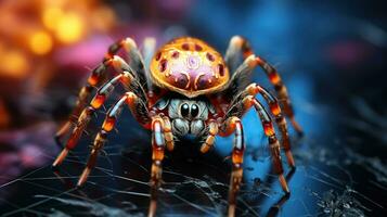 Spider in the center of its web on a colorful blurred background. Generative AI photo