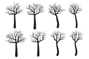 set of hand drawn Halloween dry, dead, spooky, scary tree vector silhouette, Halloween creepy old dry No leaves svg clipart, Winter Naked Black Branch bare branches trees silhouettes vector elements