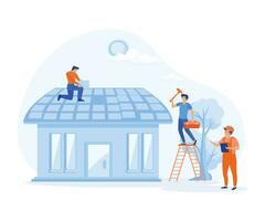 house improvement concept. Workers repairing roof. Constructor group, roofers, foreman, flat vector modern illustration