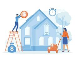 Bank loan and savings concept, young couple investing money in real estate.  flat vector modern illustration