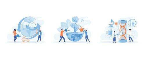 World Environment Day, Bio Technology, green planet, globe with trees growing on it, Biotechnology or bio tech DNA research, set flat vector modern illustration