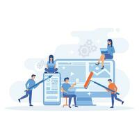 digital mobile application development and design process concept, business team working online. flat vector modern illustration