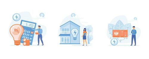 Sustainability, Power save concept. Energy consumption in household. Characters using energy efficient devices, set flat vector modern illustration