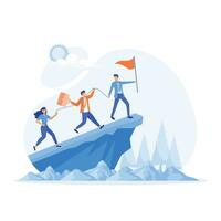 negocio concepto de liderazgo y trabajo en equipo, líder ayuda el equipo a escalada el acantilado y alcanzar el meta, plano vector moderno ilustración