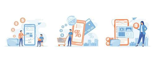mobile banking concepts.  digital wallet app, online transactions, Cash back loyalty program, cash back on Internet,  set flat vector modern illustration