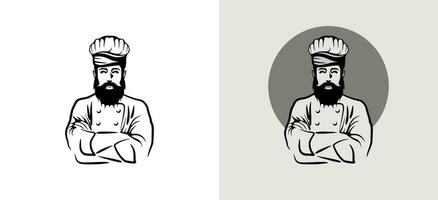 Vector bearded male chef with folded arms for master chef logo design