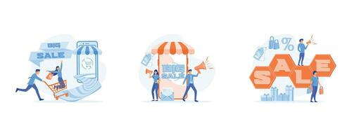 Big sale shopping, consumerism, Big sale and discounts for shoppers e-marketing, discount event. set flat vector modern illustration