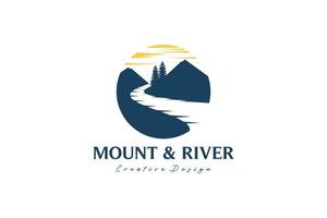 vector silueta de montañas con río logo ilustración diseño, río y montaña logo en panorámico circulo