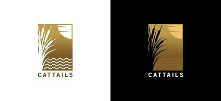 Cattail logo design in silhouette with ocean waves background vector