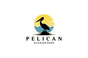 Pelican bird silhouette against natural ocean background for pelican vector logo design