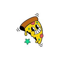 Pizza comida dibujos animados personaje vector ilustración con facial expresión estilo para pegatina, icono, logo, tatuaje y anuncio