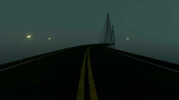 rápido conducción adelante en el largo curva puente a noche, 3d representación. video